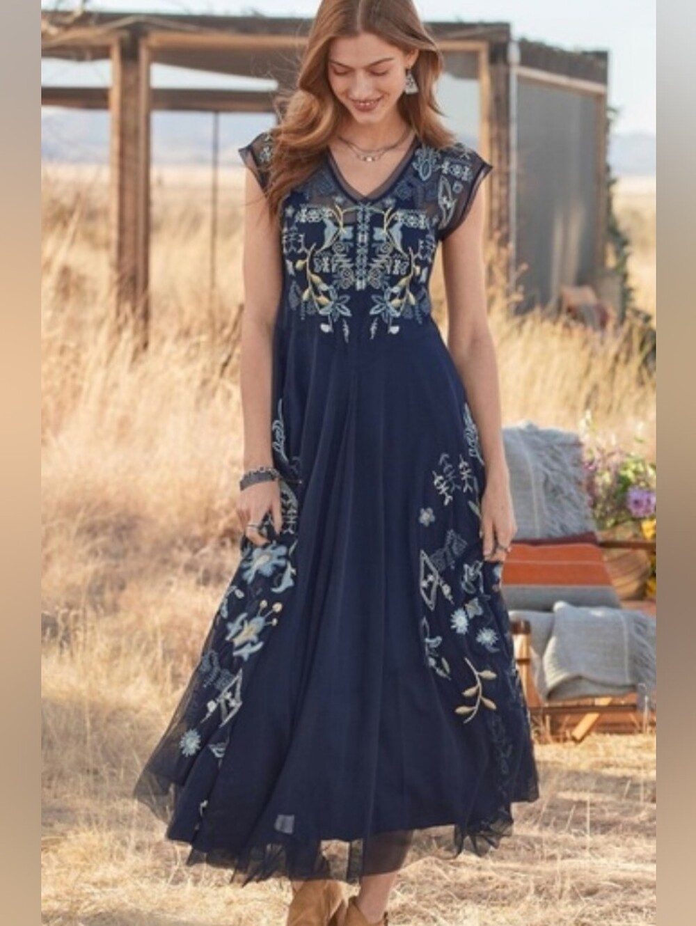 Johnny Was Navy Maxi Dress with Light Blue & Pale Yellow Embroidery Size Small - Picture 4 of 8
